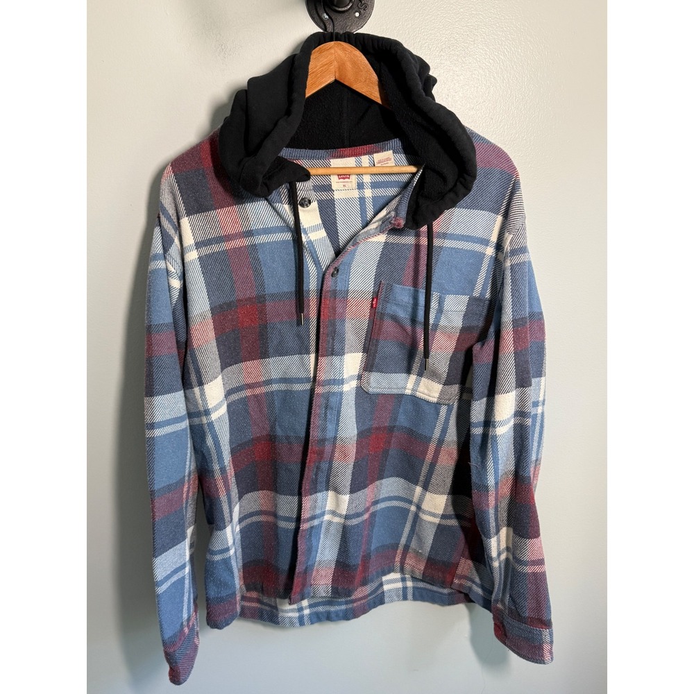 Levis Plaid Flannel Hooded Shirt Womens XL Blue Red Check Button Up Hoodie